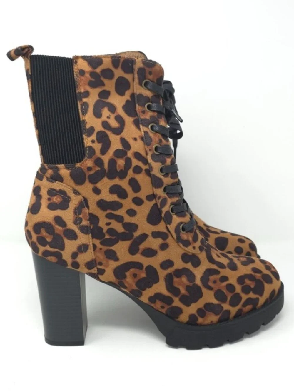 Leopard Print Chunky Heel Ankle Boots Faux Suede Lace Up Platform Zipper Trendy - Picture 3 of 12